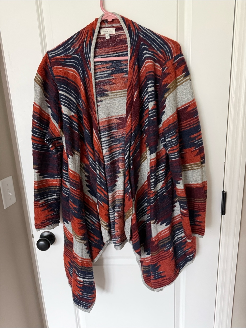 Lucky Brand Open-Front Multicolor Brushstroke Cardigan Sweater - Rust/Navy